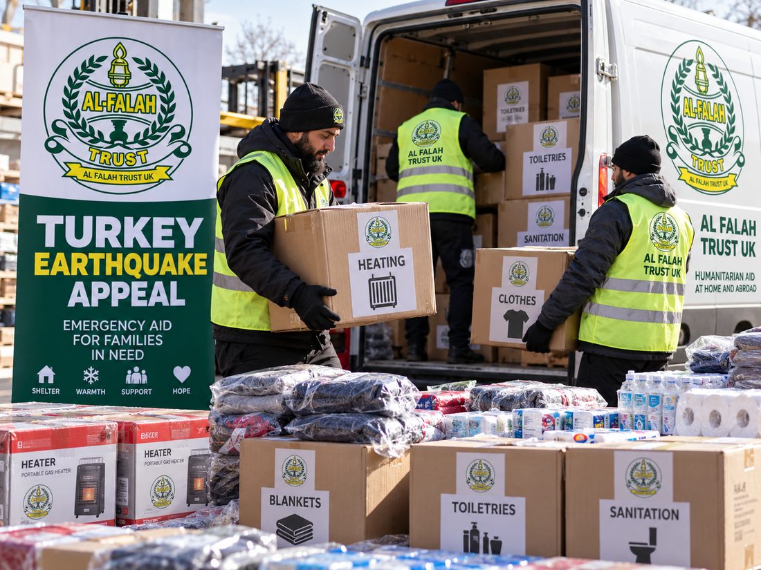Al Falah Trust UK volunteers loading vans with heating, clothing, toiletries and sanitation supplies for the Turkey Earthquake Appeal